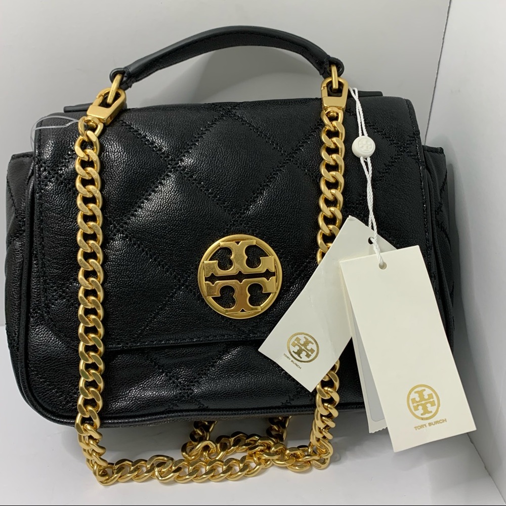 Authentic NWT Tory Burch Willa Quilted Mini Top Handle Bag Black Crinkling